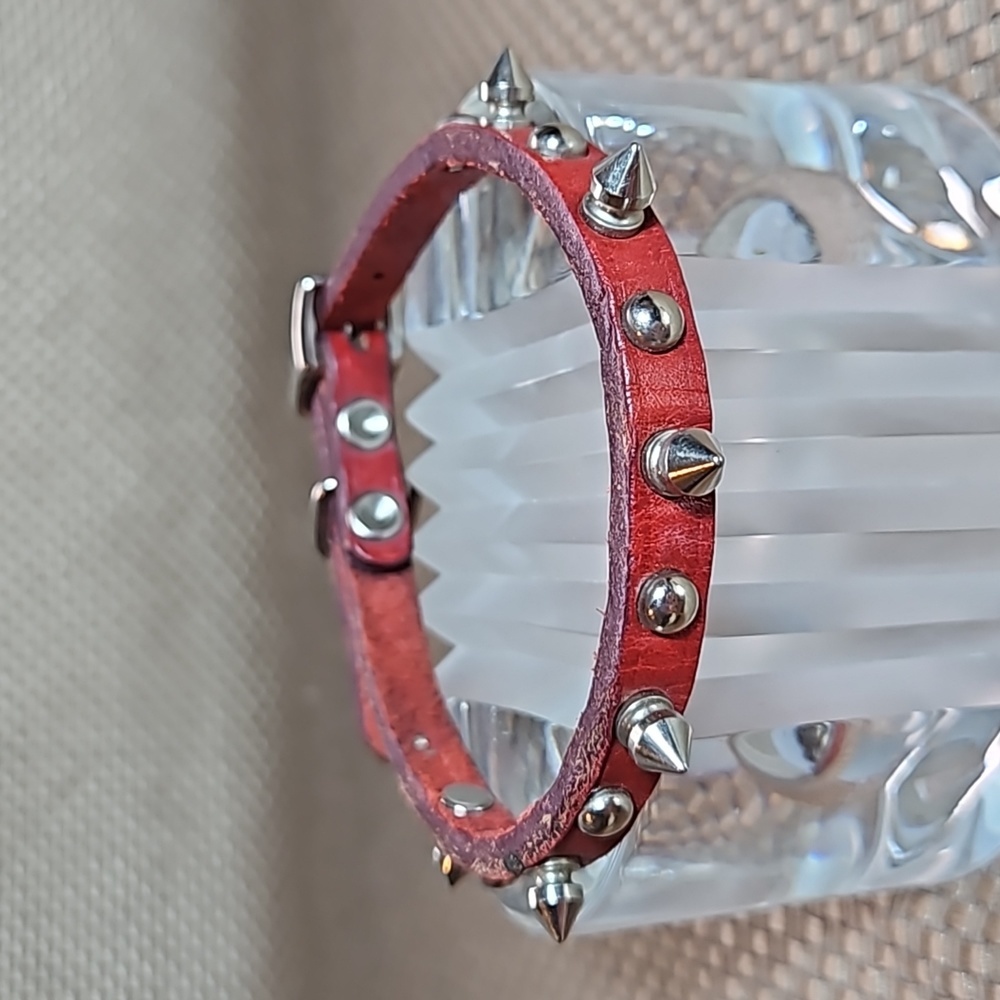 Red leather studded dog collar - size small